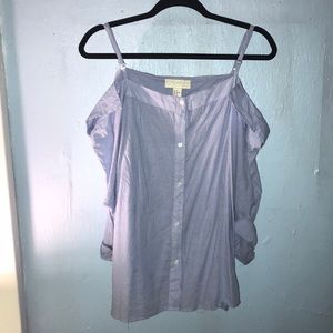 White and Blue Striped Cold Shoulder Button up